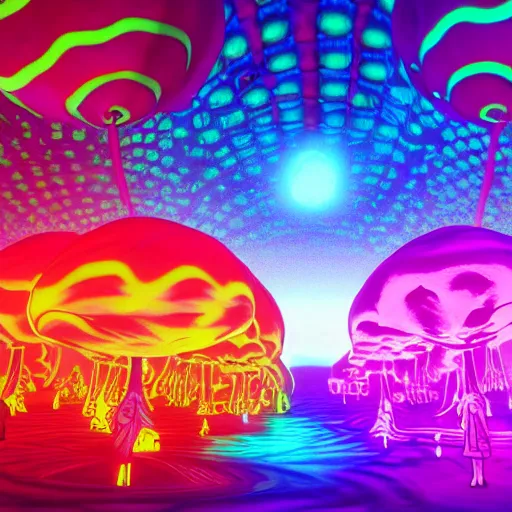 Prompt: Little girl wandering among many giant glowing mushrooms, Neon colors, psychedelic art, trippy, 4k, HQ, Trending on Artstation