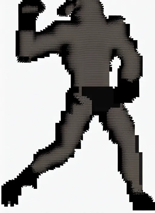 Image similar to full body shot. antropomorphic muscular masculine furr wolf. kickboxer, in sport pants. wolf head. grey furr on body. 8 bit nes graphics, sharp, pixelate