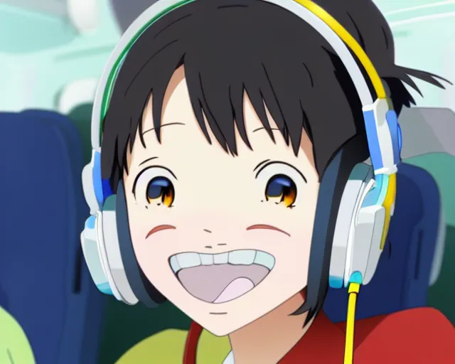 Prompt: anime fine details portrait of joyful girl in headphones in school bus, bokeh. anime masterpiece by Studio Ghibli. 8k render, sharp high quality anime illustration in style of Ghibli, artstation