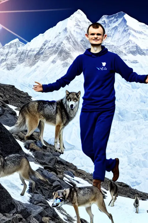 Prompt: vitalik buterin mountain climbing everest with wolves in pijamas