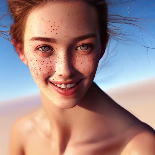 Image similar to beautiful serene intricate portrait of a cute thin young woman, red blush, cute freckles, smug smile, modern clothes, relaxing on the beach, golden hour, close up shot, soft focus, 8 k, art by irakli nadar, hyperrealism, hyperdetailed, ultra realistic