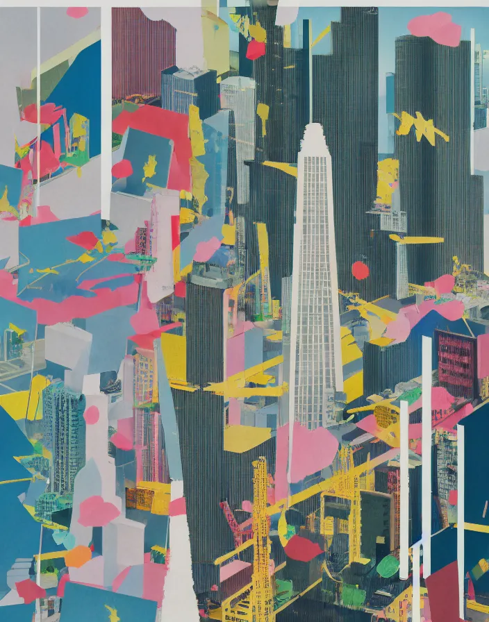 Image similar to fukuoka tower, a collage painting, in the style of wes anderson, lola dupre, david hockney, isolated on negative white space background dark monochrome fluorescent spraypaint accents volumetric octane render, no double figure