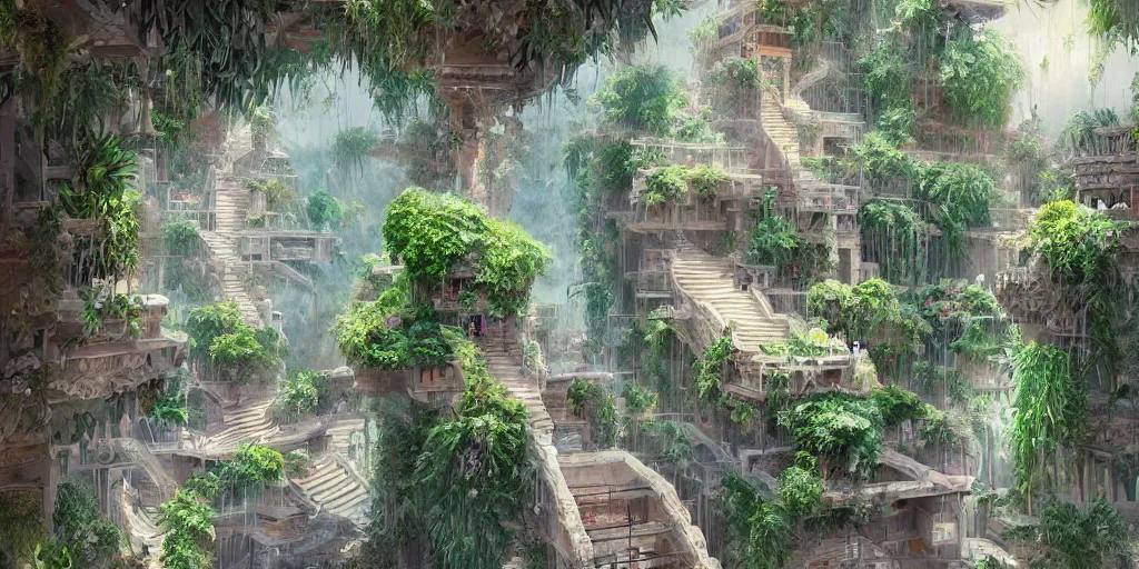 Image similar to hanging gardens of Babylon, highly detailed, digital painting, artstation, concept art, sharp focus, illustration