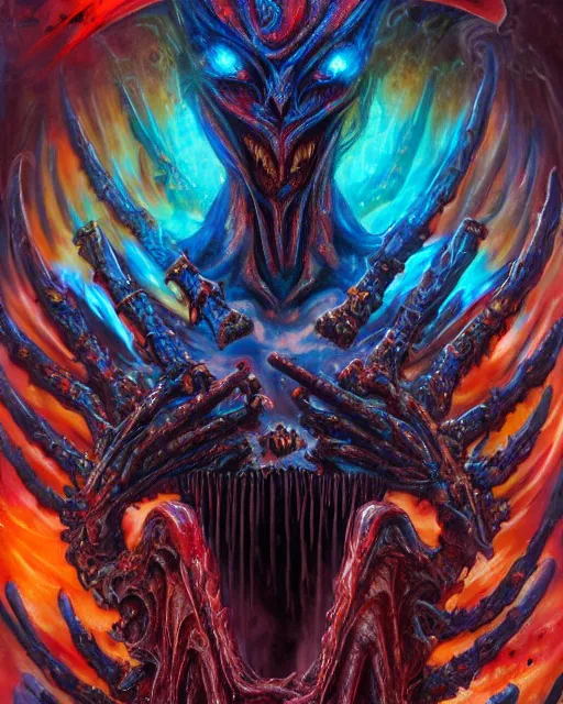 Image similar to charred bloody fleshmetal cyborg daemonhost psychedelic rainbow flamer of tzeentch, by antonio j. manzanedo, giger, alex grey, android jones, wayne barlowe, philippe druillet, raymond swanland, cyril rolando, josephine wall, harumi hironaka, cronenburg, trending on artstation