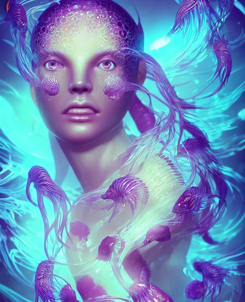 Image similar to goddess close-up portrait. orchid jellyfish phoenix head, nautilus, skull, betta fish, bioluminiscent creatures, intricate artwork by Tooth Wu and wlop and beeple. octane render, trending on artstation, greg rutkowski very coherent symmetrical artwork. cinematic, hyper realism, high detail, octane render, 8k