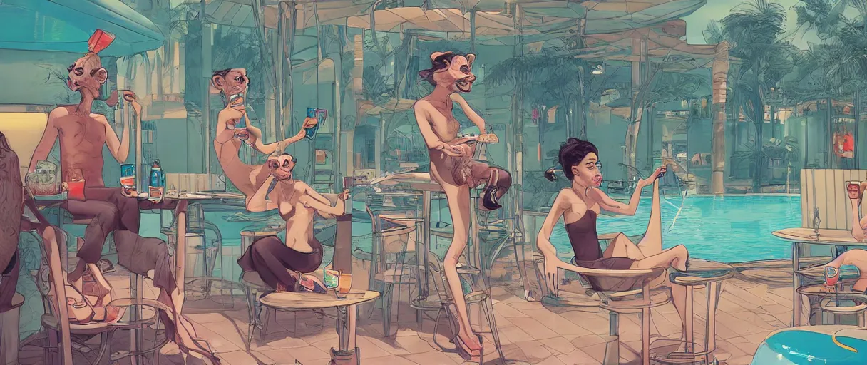 Prompt: a beautiful illustration of a strange anthropomorphic android monkeys having drinks at an outside pool bar by James Jean | comic book:.7 | unreal engine:.3