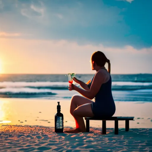 Image similar to a woman drinking gin and tonic on the beach, sunset, photography, 4 k,