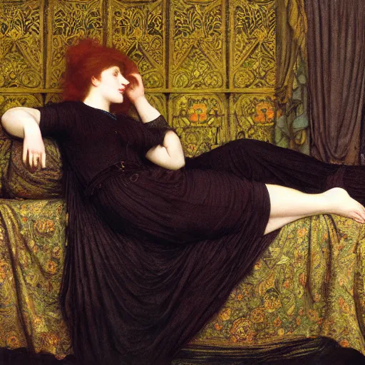 Image similar to preraphaelite photography reclining on bed, a hybrid of judy garland and ada lovelace, aged 2 5, big brown fringe, yellow ochre ornate medieval dress, john william waterhouse, kilian eng, rosetti, john everett millais, william holman hunt, william morris, 4 k