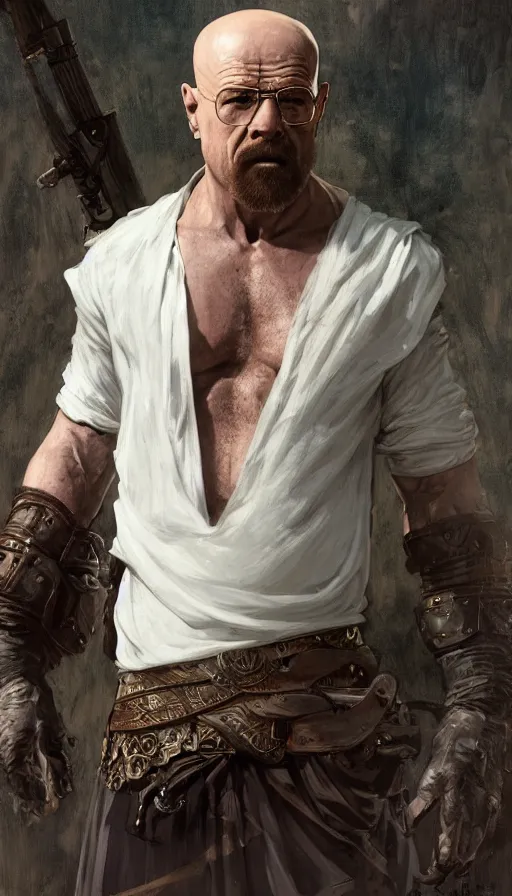 Image similar to Heisenberg as Kratos, highly detailed, digital painting, artstation, concept art, smooth, sharp focus, illustration, ArtStation, art by artgerm and greg rutkowski and alphonse mucha and J. C. Leyendecker and Edmund Blair Leighton and Katsuhiro Otomo and Geof Darrow and Phil hale and Ashley wood and Ilya repin and Charlie Bowater