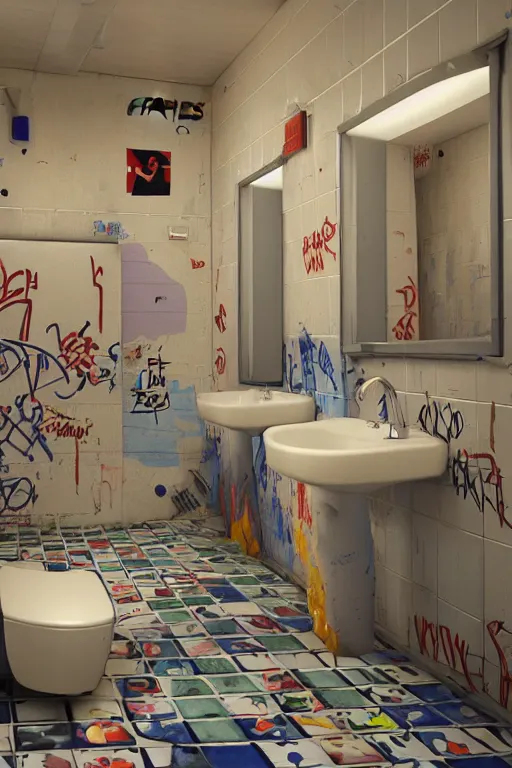 Image similar to interior of public restroom with multiple cabins, after a war battle, graffiti on walls, broken tiles, broken lightbulbs toilets with scratches, roaches, mess. toilet paper everywhere pixar disney 4 k 3 d render animation movie oscar winning trending on artststion and behance. oscar award winning.