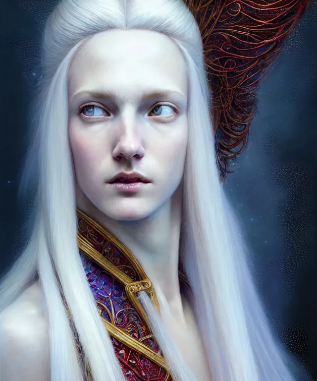 Prompt: hyperrealistic mixed media painting of a beautiful young female wizard, stunning 3d render inspired art by P. Craig Russell and Barry Windsor-Smith + perfect facial symmetry + dim volumetric lighting, long flowing white hair, pale skin, ornate crimson robes, dizzy, full body, confident heroic pose, 8k octane beautifully detailed render, post-processing, extremely hyperdetailed, intricate, epic composition, grim yet sparkling atmosphere, cinematic lighting + masterpiece, trending on artstation, very very detailed, masterpiece, stunning