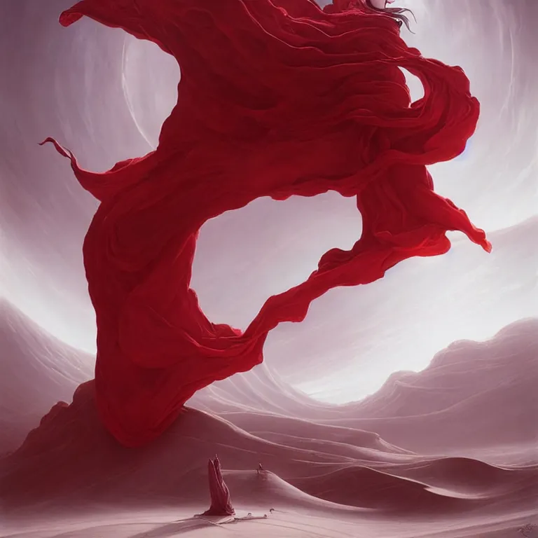 Prompt: one lone singular swirling otherworldly angel shrouded in red robes emerges from extensive barren white dunescape, matte painting by peter mohrbacher and filip hodas, background basilica! sacrecoeur!, godrays, high contrast, highly detailed, a