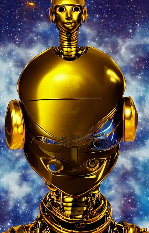Image similar to portrait of a robot humanoid alien with golden armature and medieval helmet. Galactic iridescent background in the style of Tim white and moebius