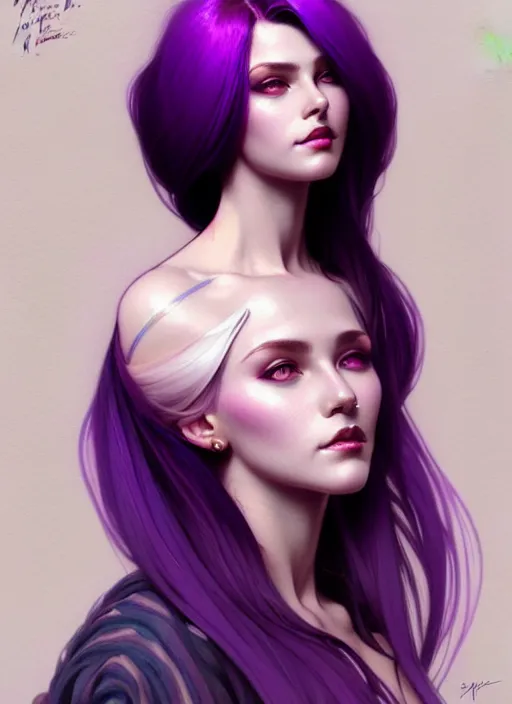 Image similar to Purple hair, creative colouring Portrait of woman, fashion, intricate, elegant, highly detailed, digital painting, artstation, concept art, smooth, sharp focus, illustration, art by artgerm and greg rutkowski and alphonse mucha