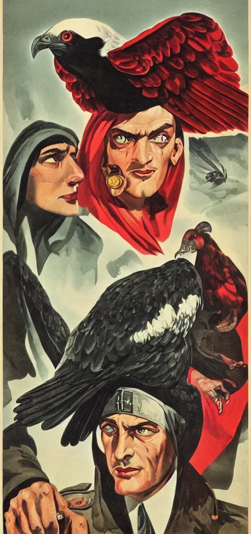 Image similar to mistery man in hood and red eyes with a dager, and a vulture, 1940s propaganda poster, full hd,highly detailed