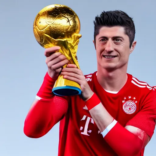 Prompt: portrait of Robert Lewandowski holding World Cup trophy, 4k, hq, high details, natural light, perfect quality, professional photography, award winning photo