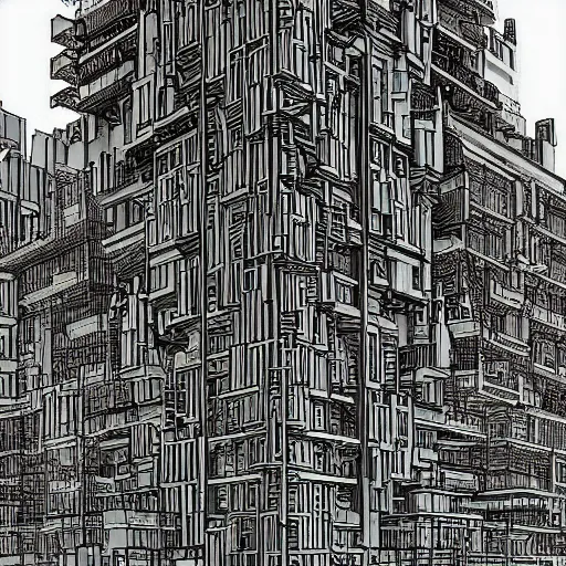 Image similar to an architectural section drawing of an organic cyberpunk building made of vivid organs