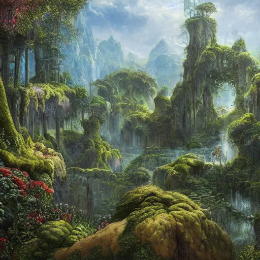 Image similar to a beautiful and highly detailed matte painting of a magical garden in a lush forest in a forgotten valley in an epic mountain range, intricate details, epic scale, insanely complex, 8 k, sharp focus, hyperrealism, by caspar friedrich,