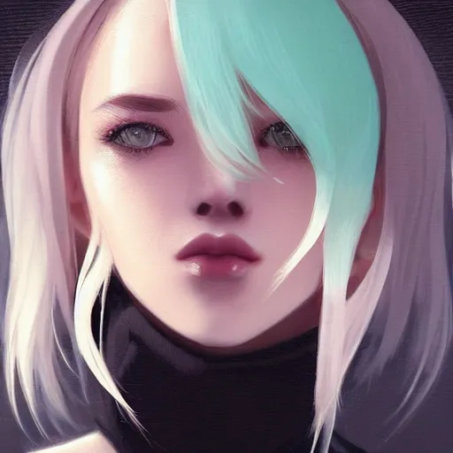 Image similar to very cool girl blonde hair black back, mint higlights, strong eyelashes, cute nose and lips makeup, nose piercing, detailed portrait, intricate complexity, by greg rutkowski, artgerm, ross tran, conrad roset, takato yomamoto, ilya kuvshinov. 4 k, beautiful, cinematic dramatic atmosphere