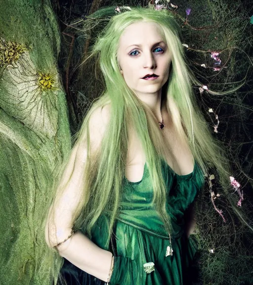 Image similar to hd portrait of a 3 2 - year old woman with an ethereal, whimsical, fey aesthetic. dirty blonde hair. green clothes. silver jewelry. a modern - day witch and enchantress of the acanthus path. portrait photography by annie leibovitz.