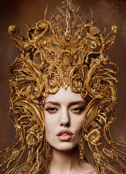 Prompt: a portrait of angelina jollie by stefan geselle and nekro borja, photorealistic, intricate details, hyper realistic, fantasy, elegant, baroque gold headpiece, photorealistic, canon r 3, photography, wide shot, symmetrical features, symmetrical pose, wide angle shot, head to toe, standing pose, feet on the ground, wearable art