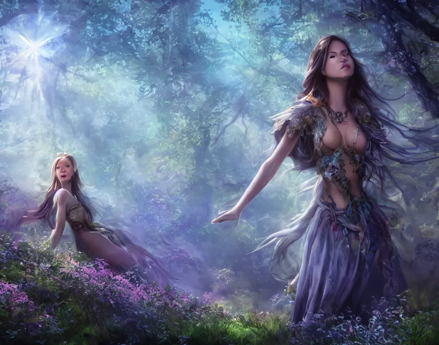 Image similar to traveling woman in magical forest, beautiful sky and sun shine, fantasy artwork, very beautiful scenery, hd, hdr, ue 5, ue 6, unreal engine 5, cinematic 4 k wallpaper, 8 k, ultra detailed, by popular digital, details, beautiful image ever created, high resolution, artstation, award winning, detailed body, details face, realistic body proportions