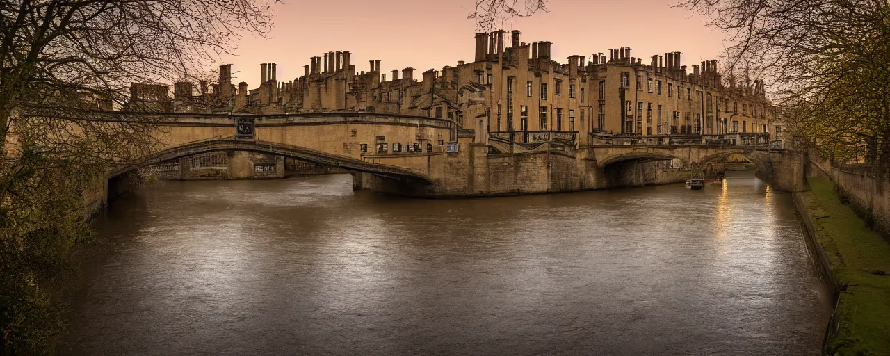 Prompt: a long exposure photograph of a river running through Cambridge, England, serene sunset architecture photography