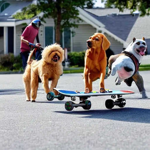 Image similar to dogs riding skateboards