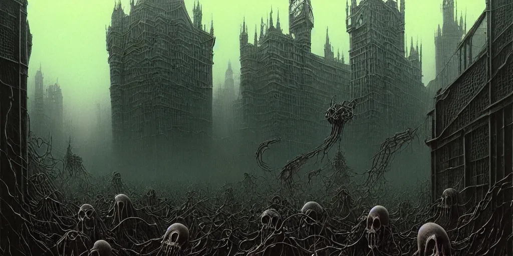 Image similar to matte painting of eldritch creatures with surrealistic morphed skeletons roaming the streets of London, Zdzislaw Beksinski, Wayne Barlowe, Joe Fenton, gothic, cosmic horror, dystopian, biomorphic, lovecraftian, amazing details, cold hue's