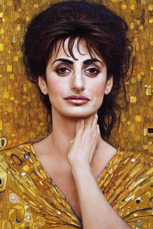 Prompt: oil painting, portrait of penelope cruz, artwork by gustav klimt