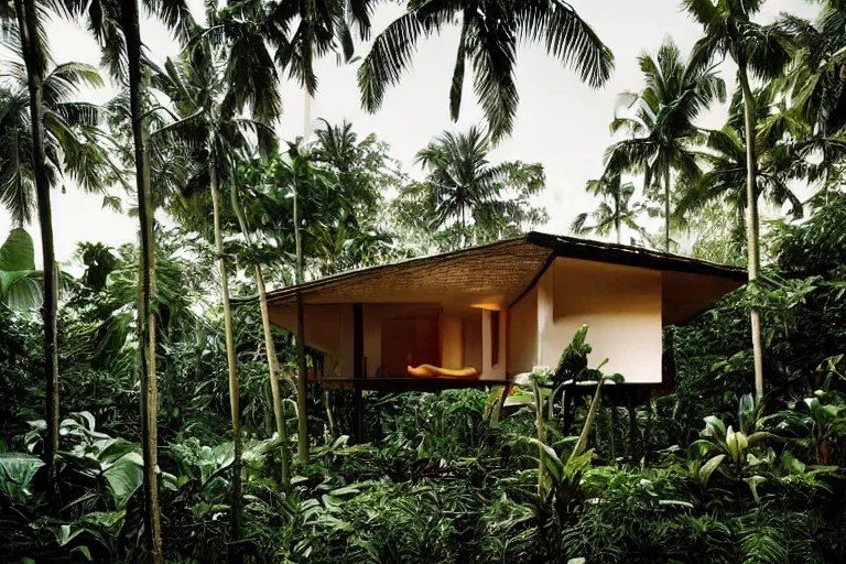 Prompt: a splendid tropical modernist house designed by Geoffrey Bawa in the middle of a jungle in Goa, photographed by Harry Gruyaert, shot on large format film camera, beautiful lighting, trending on VSCO,