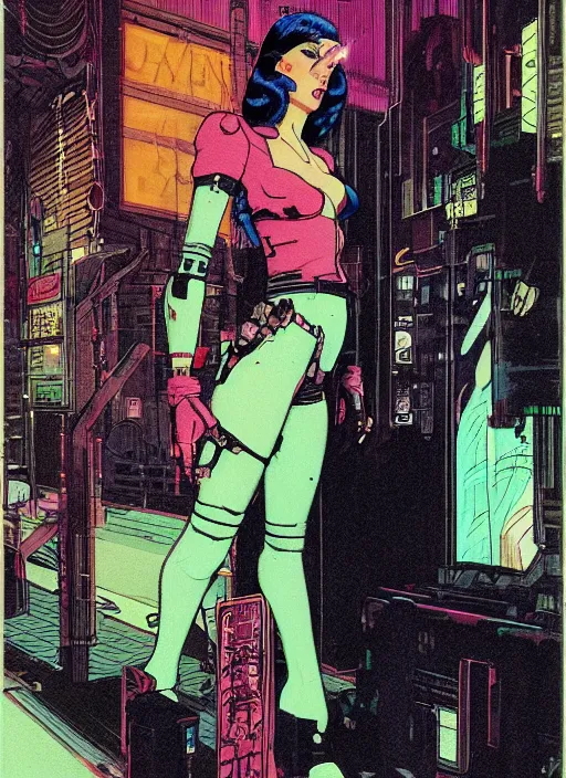 Prompt: cyberpunk hitwoman walking into a nightclub. portrait by mœbius and will eisner and gil elvgren and pixar. realistic proportions. cyberpunk 2 0 7 7, apex, blade runner 2 0 4 9 concept art. cel shading. attractive face. thick lines.