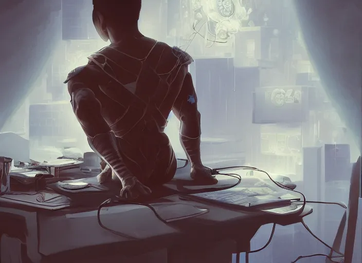 Image similar to an insanely detailed painting of an asian man wearing a homemade superhero costume, sitting at a desk, staring seriously at the computer and typing, in the style of peter mohrbacher, james jean, artgerm, dramatic lighting and composition, surreal background, octane render, pixar, trending on artstation, concept art, comic book, view from behind, 8 k