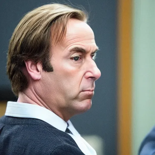 Prompt: Saul Goodman in a courtroom with Amber Heard