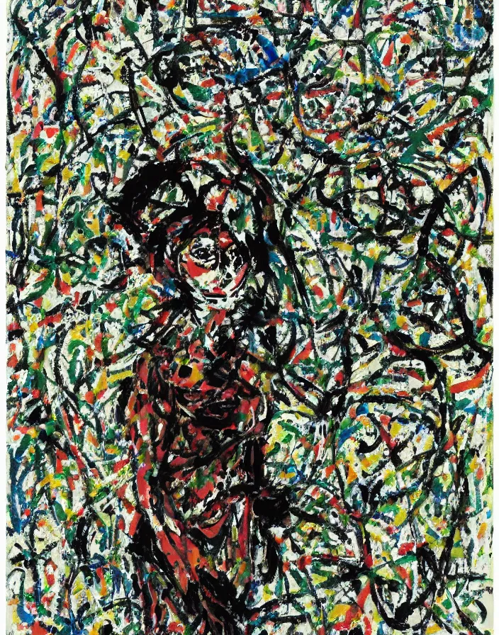 Image similar to a a portrait of Josie Conseco in a scenic environment by Jackson Pollock