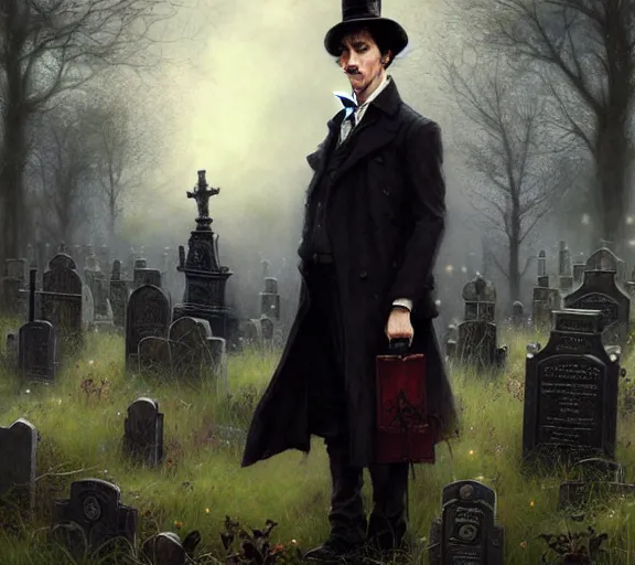 Image similar to sherlock holmes standing in a graveyard, soft colours, detailed, digital art, hd, by tom bagshaw, by fintan magee, by raymond swanland, by sherree valentine daines