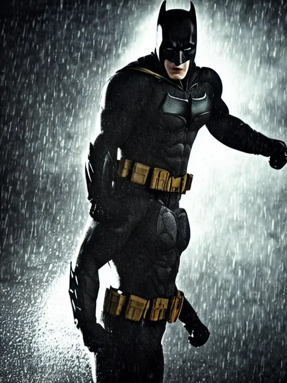 Image similar to film still, ryan reynolds as batman, no mask, hyperrealism, moody lighting, rain, intricate, 8 k