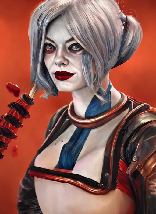 Image similar to bioshock portrait of emma stone as harley quinn, hyper detailed, digital art, trending in artstation, cinematic lighting, studio quality, smooth render, unreal engine 5 rendered, octane rendered, art style by klimt and nixeu and ian sprigger and wlop and krenz cushart.