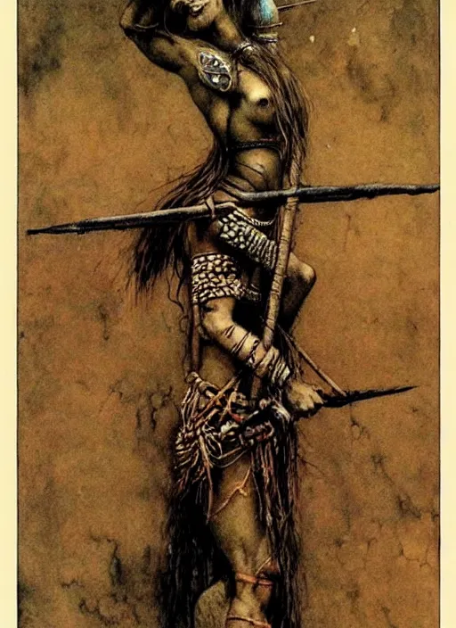 Prompt: barbarian girl in tribal painting by Beksinski and Arthur Rackham
