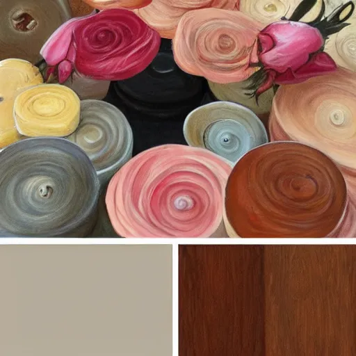 Prompt: painting, rose ebony, old rose, tumbleweed, light salmon, macaroni and cheese color palette