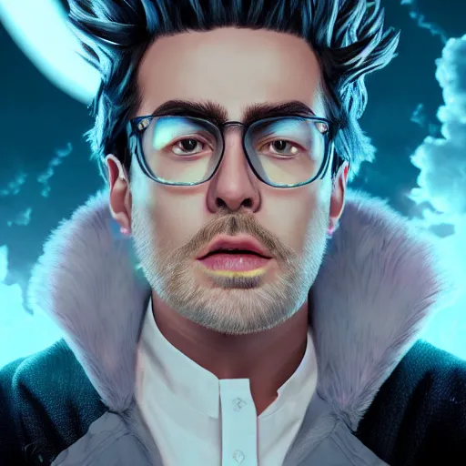 Prompt: portrait art of rick sanchez, spikey hair, white lab coat, lens flare, atmosphere, glow, detailed, intricate, full of colour, cinematic lighting, trending on artstation, 4 k, hyperrealistic, focused, extreme details, unreal engine 5, cinematic, masterpiece