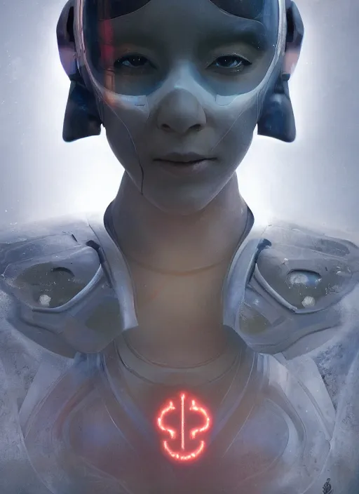 Image similar to portrait of a futuristic geisha cyborg, matte painting, cinematic lighting, unreal engine, in the style of ghost in the shell, kintsugi, modern fine art, fractal, intricate, elegant, highly detailed, digital photography, subsurface scattering, by jheronimus bosch and greg rutkowski,