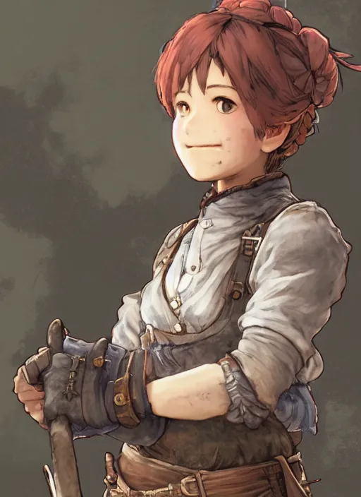 Image similar to character portrait of a blacksmith tomboy at the smithy, hidari, color page, tankoban, 4K, tone mapping, Akihiko Yoshida.