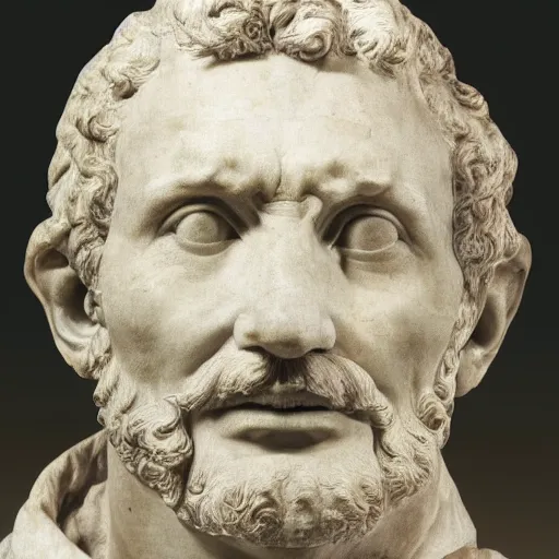 Prompt: Photograph Of face Michelangelo's sculpture, Parts of the face have golden rinds and small cracks