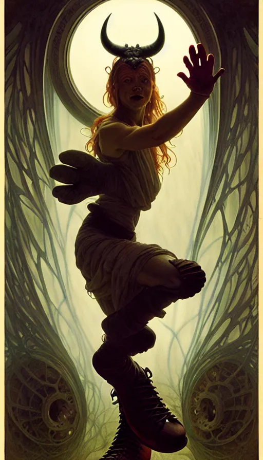 Prompt: portrait of a demon wearing toe shoes ( vibram five fingers ), martina fackova, cristi balanescu, todd lockwood, tyler jacobson, greg rutkowski, alphonse mucha, karol bak, magalie villeneuve