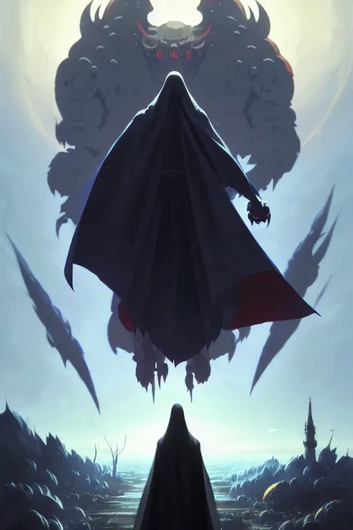 Prompt: video game cover, reaper dressed with a cape surrounded by demons, mid view, design on a black background, by studio muti, greg rutkowski makoto shinkai takashi takeuchi studio ghibli