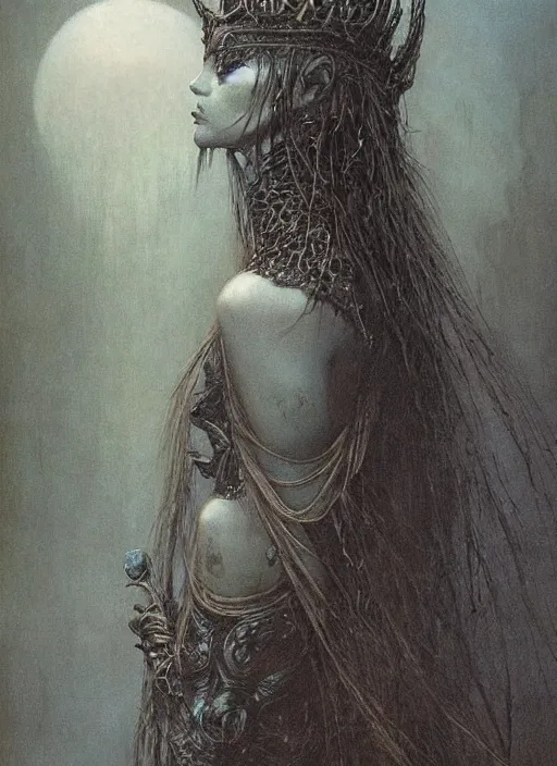 Prompt: portrait of majestic dark necromancer queen by Beksinski and Luis Royo