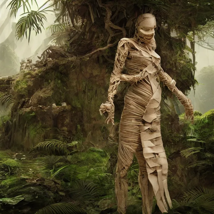 Image similar to bandaged mummy in jungle, old school dungeons and dragons art, concept art, cgsociety, octane render, trending on artstation, artstationHD, artstationHQ, unreal engine, green ratio, symmetric, elegant, 4k, 8k