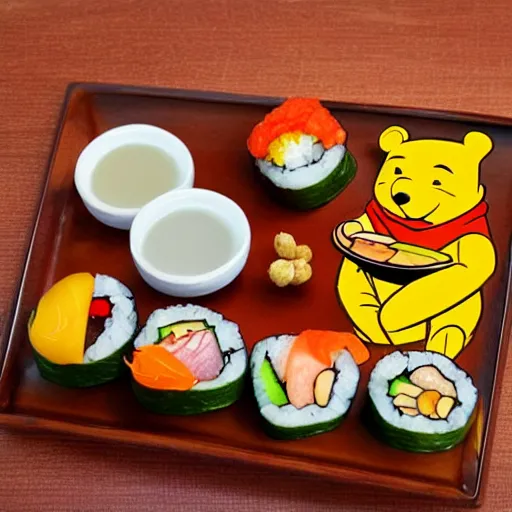 Image similar to Winnie the Pooh eating sushi