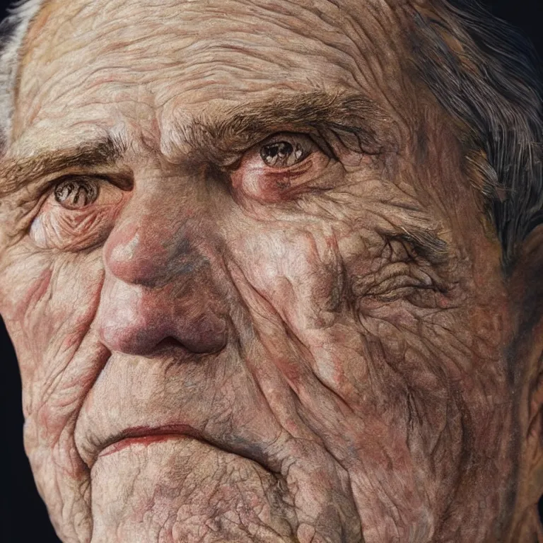 Image similar to hyperrealistic close up studio portrait of aging old George W Bush age 85 wrinkled weeping, oil painting by Ivan Albright and Lucian Freud and Ron Mueck, trending on artstation Studio lighting hyperrealism